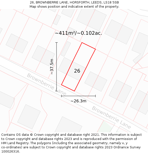 26, BROWNBERRIE LANE, HORSFORTH, LEEDS, LS18 5SB: Plot and title map