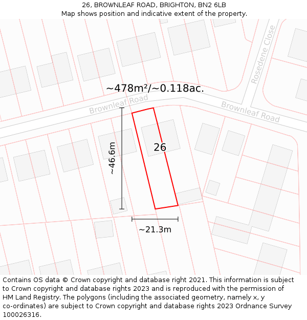 26, BROWNLEAF ROAD, BRIGHTON, BN2 6LB: Plot and title map