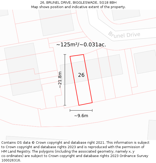 26, BRUNEL DRIVE, BIGGLESWADE, SG18 8BH: Plot and title map