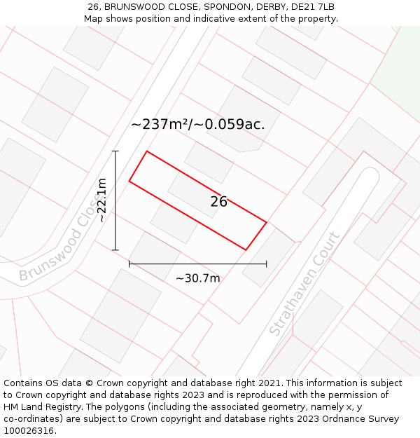 26, BRUNSWOOD CLOSE, SPONDON, DERBY, DE21 7LB: Plot and title map