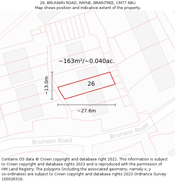 26, BRUNWIN ROAD, RAYNE, BRAINTREE, CM77 6BU: Plot and title map