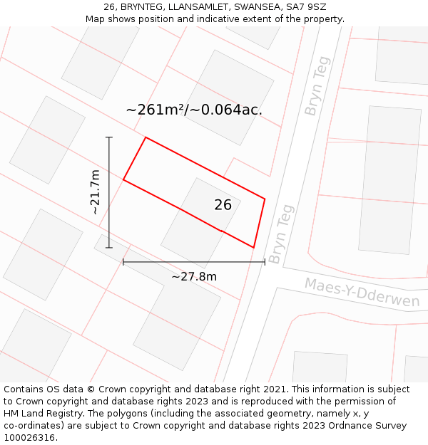 26, BRYNTEG, LLANSAMLET, SWANSEA, SA7 9SZ: Plot and title map