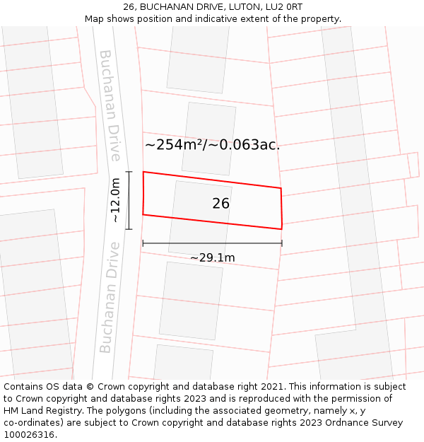 26, BUCHANAN DRIVE, LUTON, LU2 0RT: Plot and title map