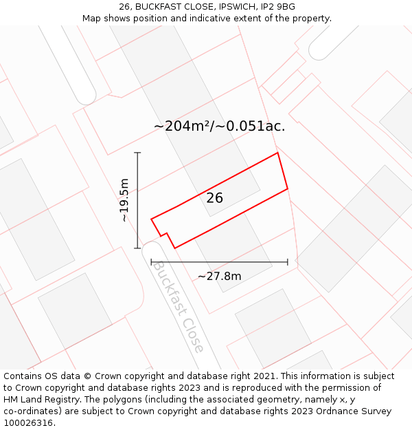 26, BUCKFAST CLOSE, IPSWICH, IP2 9BG: Plot and title map