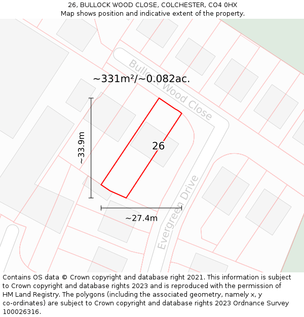 26, BULLOCK WOOD CLOSE, COLCHESTER, CO4 0HX: Plot and title map