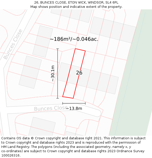 26, BUNCES CLOSE, ETON WICK, WINDSOR, SL4 6PL: Plot and title map