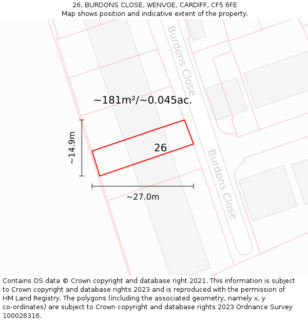 26, BURDONS CLOSE, WENVOE, CARDIFF, CF5 6FE: Plot and title map