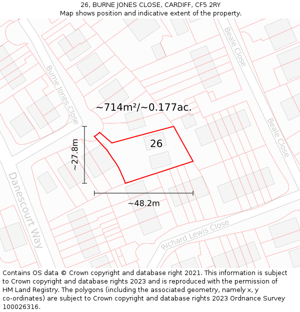 26, BURNE JONES CLOSE, CARDIFF, CF5 2RY: Plot and title map