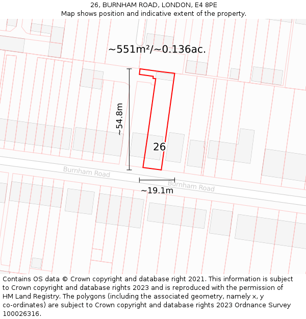 26, BURNHAM ROAD, LONDON, E4 8PE: Plot and title map
