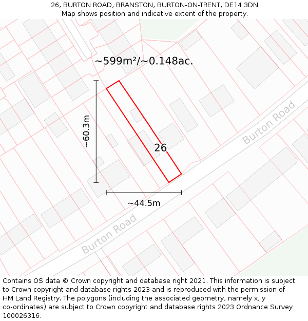 26, BURTON ROAD, BRANSTON, BURTON-ON-TRENT, DE14 3DN: Plot and title map