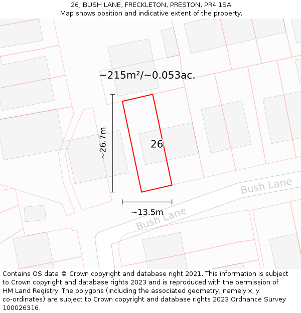 26, BUSH LANE, FRECKLETON, PRESTON, PR4 1SA: Plot and title map