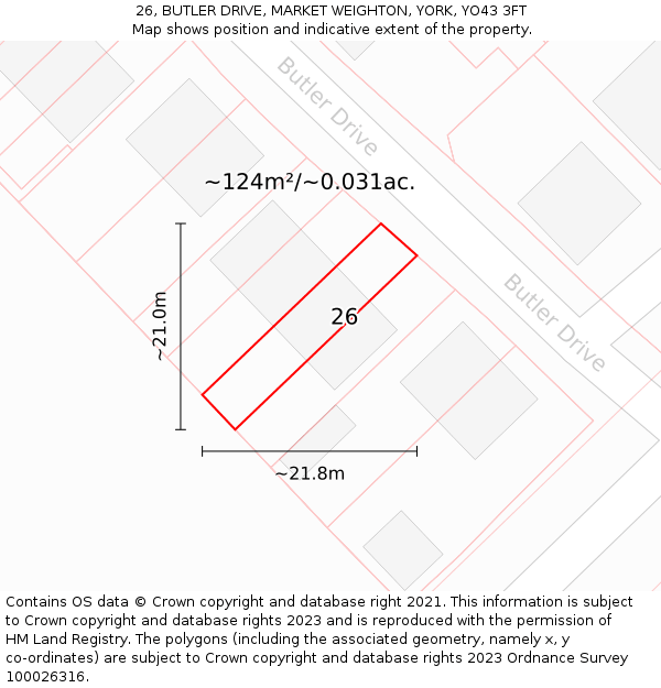 26, BUTLER DRIVE, MARKET WEIGHTON, YORK, YO43 3FT: Plot and title map