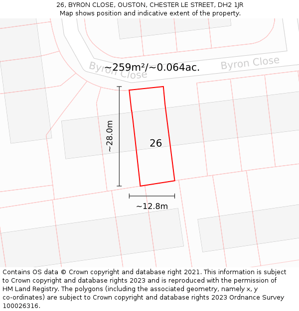 26, BYRON CLOSE, OUSTON, CHESTER LE STREET, DH2 1JR: Plot and title map