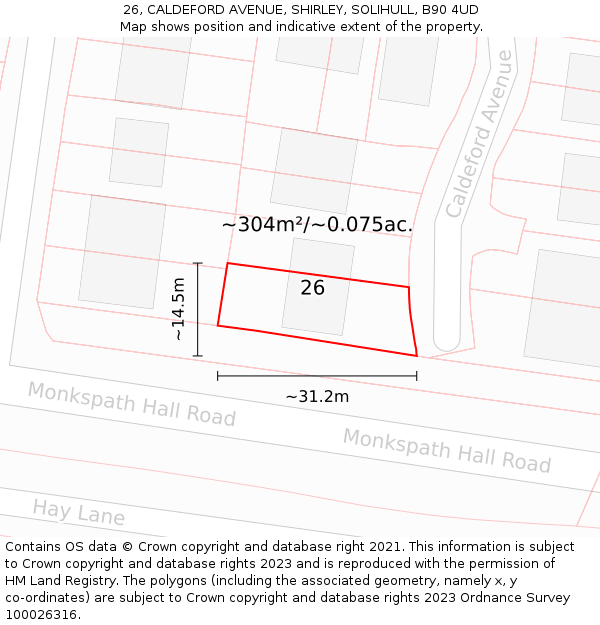 26, CALDEFORD AVENUE, SHIRLEY, SOLIHULL, B90 4UD: Plot and title map
