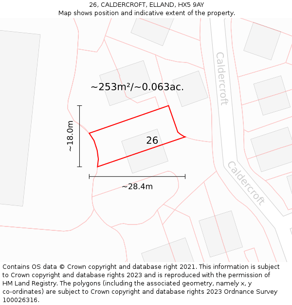 26, CALDERCROFT, ELLAND, HX5 9AY: Plot and title map
