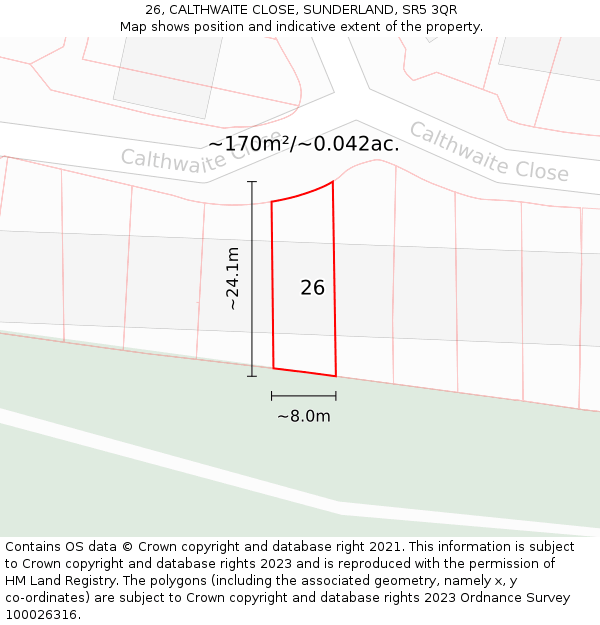 26, CALTHWAITE CLOSE, SUNDERLAND, SR5 3QR: Plot and title map