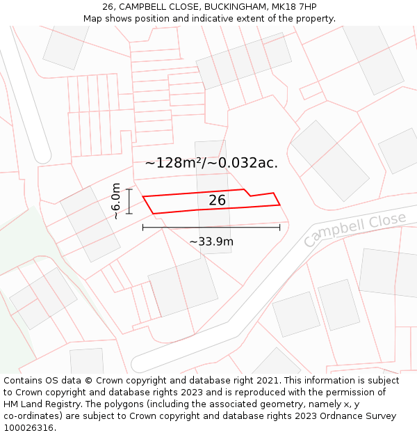 26, CAMPBELL CLOSE, BUCKINGHAM, MK18 7HP: Plot and title map