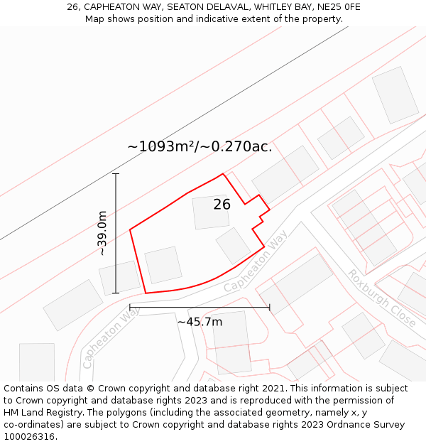 26, CAPHEATON WAY, SEATON DELAVAL, WHITLEY BAY, NE25 0FE: Plot and title map