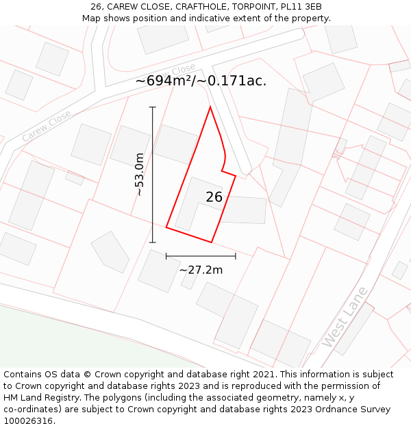 26, CAREW CLOSE, CRAFTHOLE, TORPOINT, PL11 3EB: Plot and title map