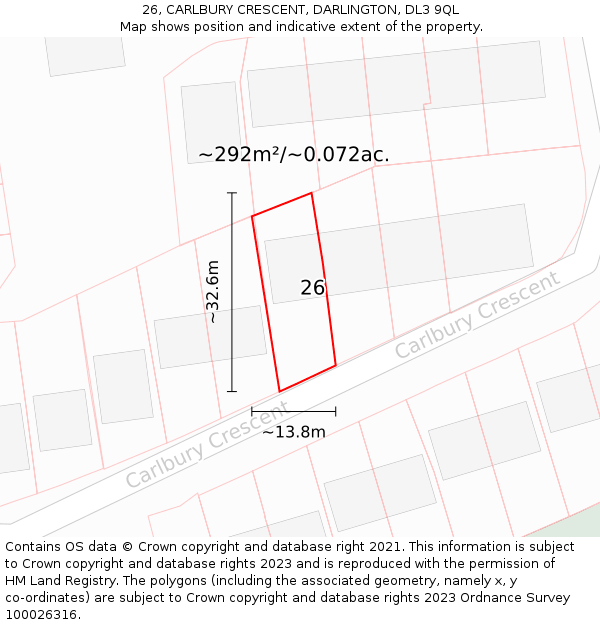 26, CARLBURY CRESCENT, DARLINGTON, DL3 9QL: Plot and title map