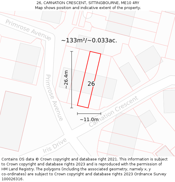 26, CARNATION CRESCENT, SITTINGBOURNE, ME10 4RY: Plot and title map