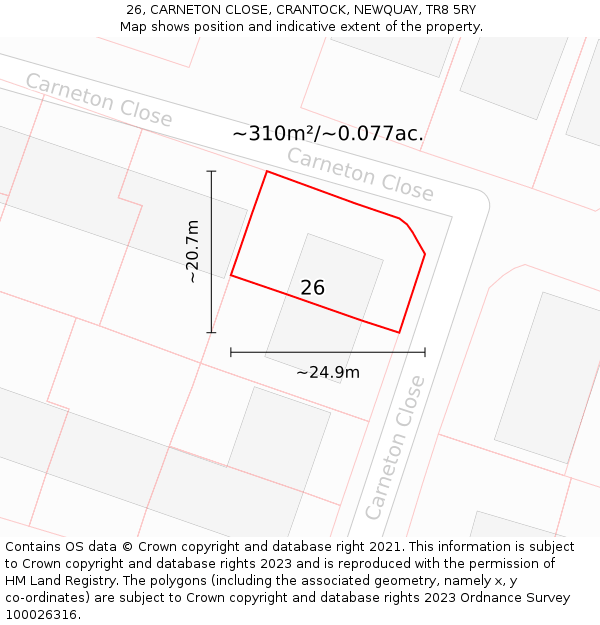 26, CARNETON CLOSE, CRANTOCK, NEWQUAY, TR8 5RY: Plot and title map