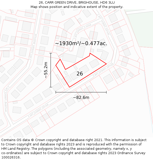 26, CARR GREEN DRIVE, BRIGHOUSE, HD6 3LU: Plot and title map
