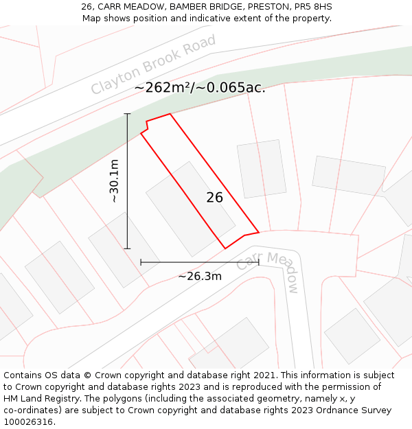26, CARR MEADOW, BAMBER BRIDGE, PRESTON, PR5 8HS: Plot and title map