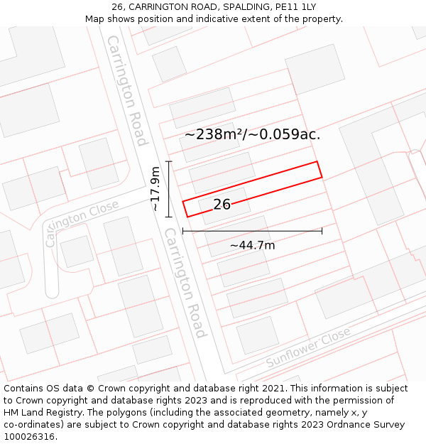 26, CARRINGTON ROAD, SPALDING, PE11 1LY: Plot and title map