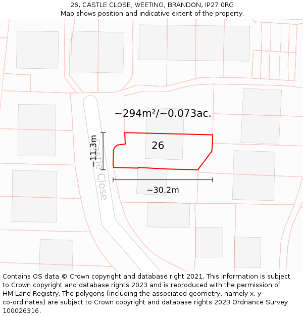 26, CASTLE CLOSE, WEETING, BRANDON, IP27 0RG: Plot and title map