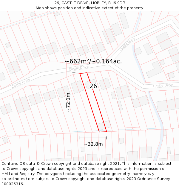 26, CASTLE DRIVE, HORLEY, RH6 9DB: Plot and title map