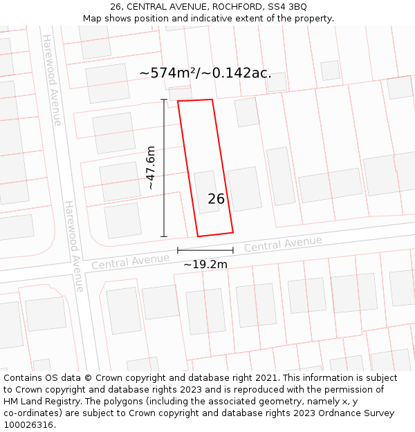 26, CENTRAL AVENUE, ROCHFORD, SS4 3BQ: Plot and title map