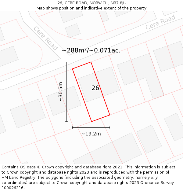 26, CERE ROAD, NORWICH, NR7 8JU: Plot and title map