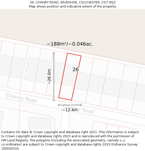 26, CHANEY ROAD, WIVENHOE, COLCHESTER, CO7 9QZ: Plot and title map