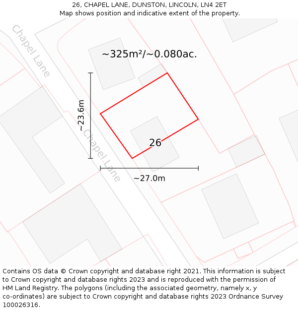 26, CHAPEL LANE, DUNSTON, LINCOLN, LN4 2ET: Plot and title map