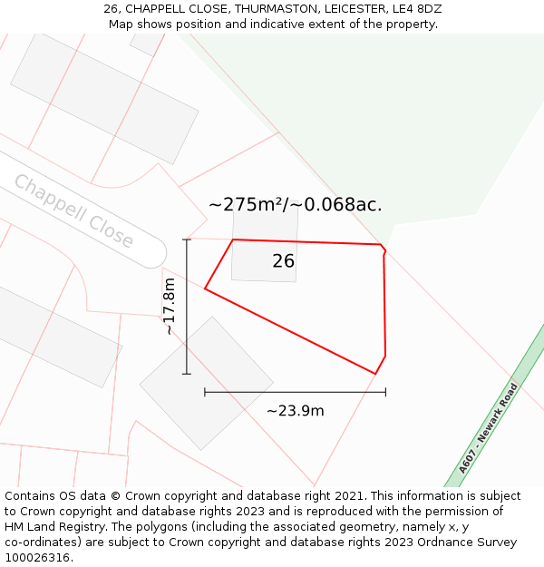 26, CHAPPELL CLOSE, THURMASTON, LEICESTER, LE4 8DZ: Plot and title map