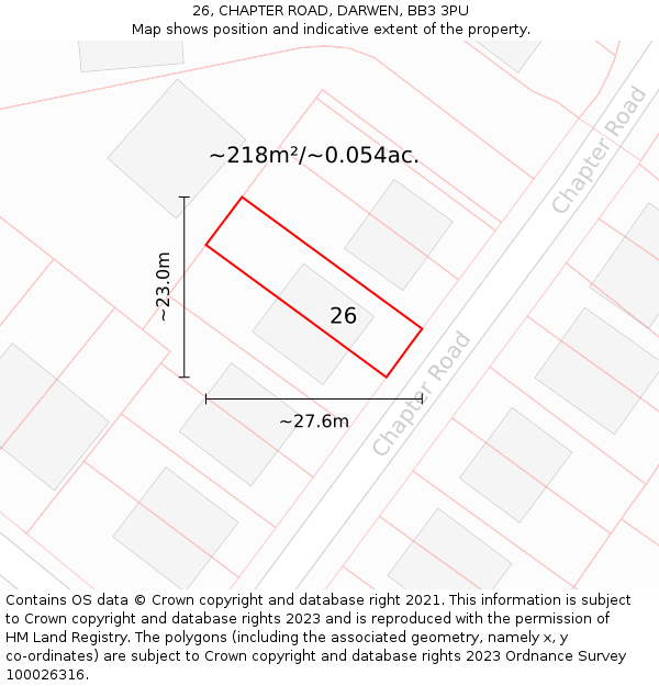 26, CHAPTER ROAD, DARWEN, BB3 3PU: Plot and title map