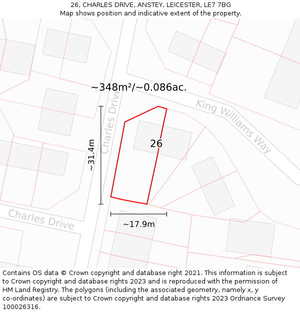 26, CHARLES DRIVE, ANSTEY, LEICESTER, LE7 7BG: Plot and title map