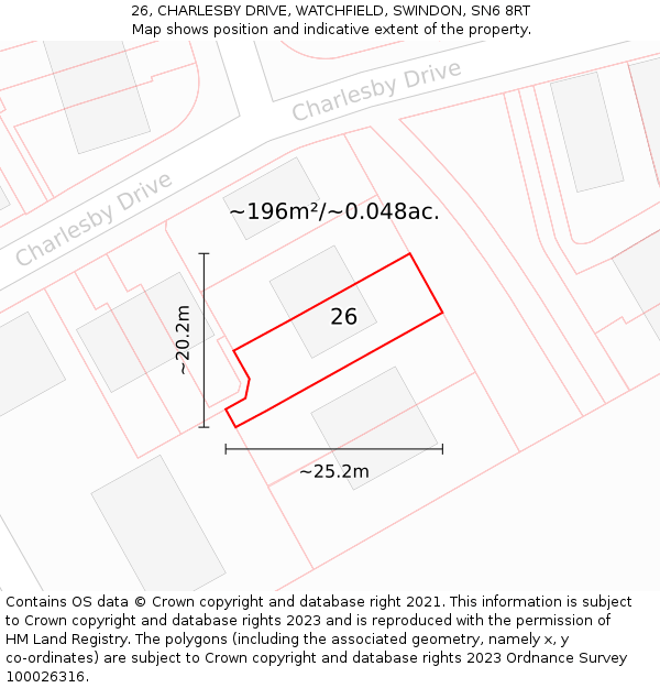 26, CHARLESBY DRIVE, WATCHFIELD, SWINDON, SN6 8RT: Plot and title map