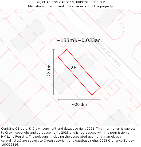 26, CHARLTON GARDENS, BRISTOL, BS10 6LX: Plot and title map