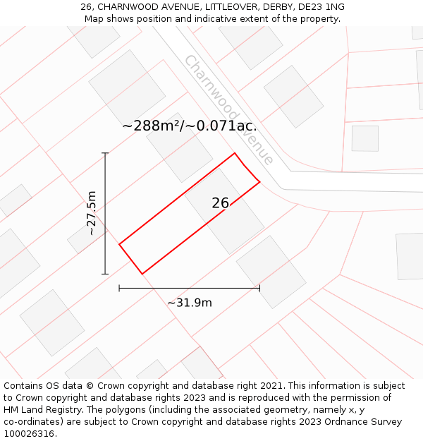 26, CHARNWOOD AVENUE, LITTLEOVER, DERBY, DE23 1NG: Plot and title map