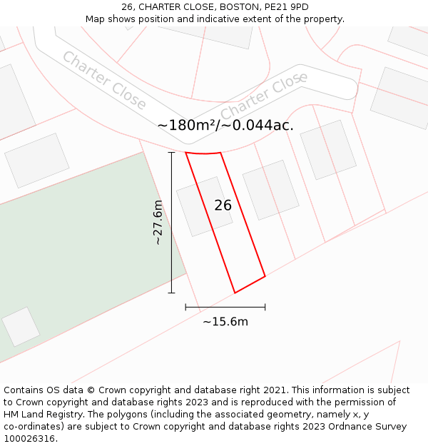 26, CHARTER CLOSE, BOSTON, PE21 9PD: Plot and title map