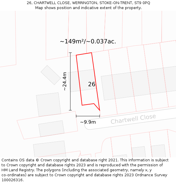 26, CHARTWELL CLOSE, WERRINGTON, STOKE-ON-TRENT, ST9 0PQ: Plot and title map