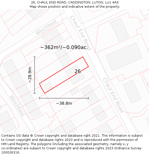 26, CHAUL END ROAD, CADDINGTON, LUTON, LU1 4AS: Plot and title map