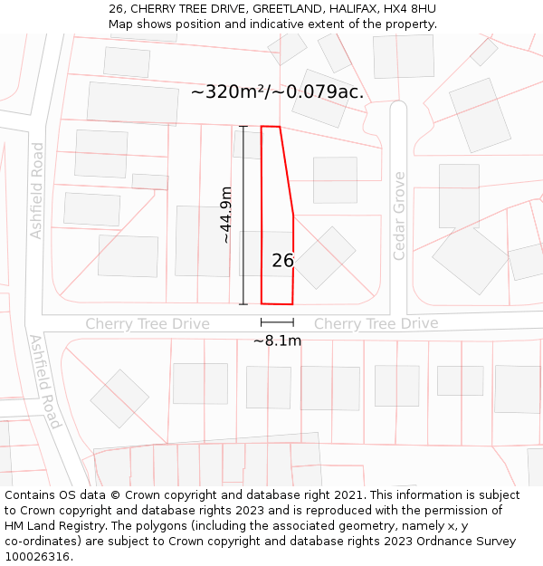 26, CHERRY TREE DRIVE, GREETLAND, HALIFAX, HX4 8HU: Plot and title map