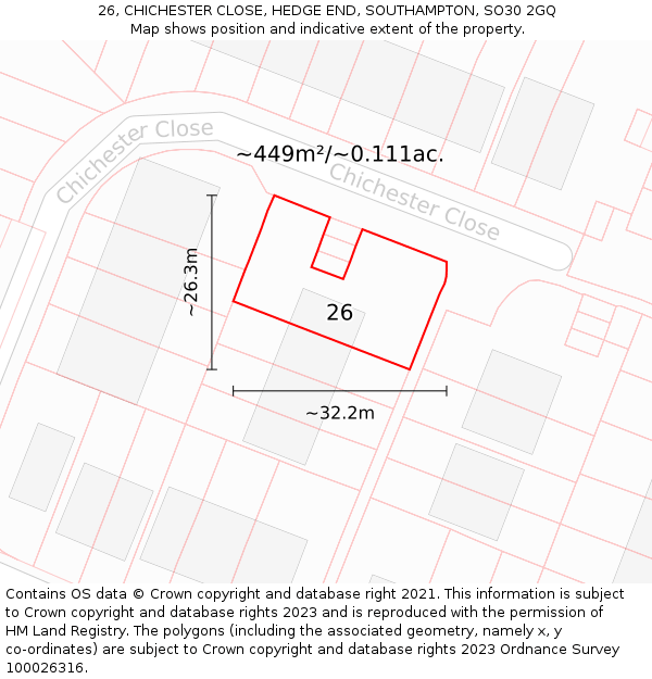 26, CHICHESTER CLOSE, HEDGE END, SOUTHAMPTON, SO30 2GQ: Plot and title map
