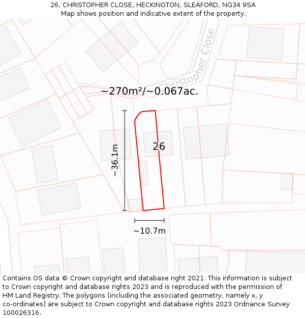 26, CHRISTOPHER CLOSE, HECKINGTON, SLEAFORD, NG34 9SA: Plot and title map