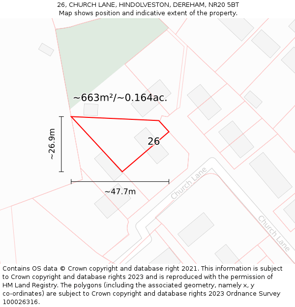 26, CHURCH LANE, HINDOLVESTON, DEREHAM, NR20 5BT: Plot and title map