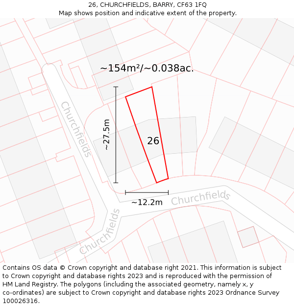 26, CHURCHFIELDS, BARRY, CF63 1FQ: Plot and title map