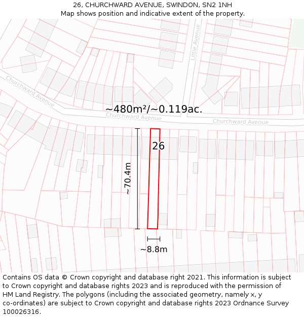 26, CHURCHWARD AVENUE, SWINDON, SN2 1NH: Plot and title map